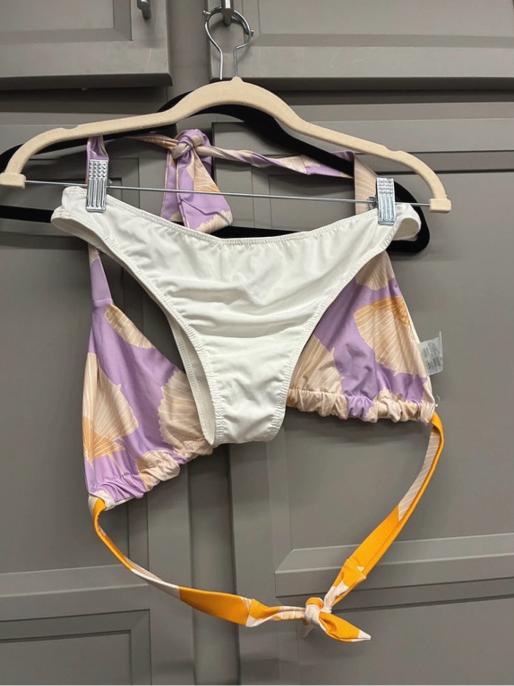 Lavender Floral Triangle Bikini Set with White Accent and Yellow Tie
